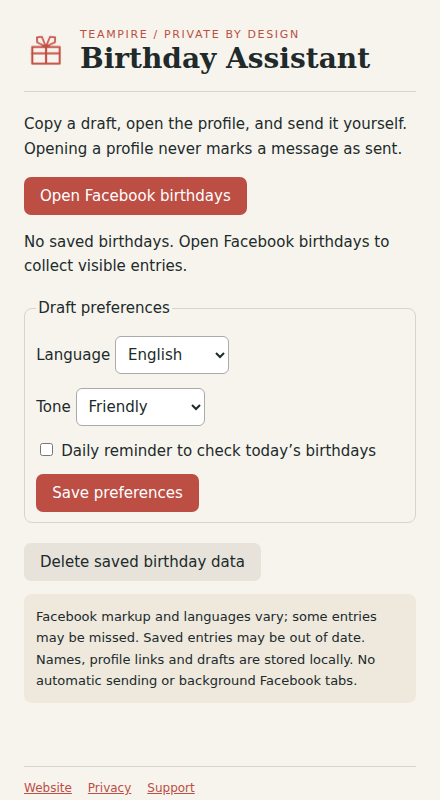 Birthday Assistant extension interface